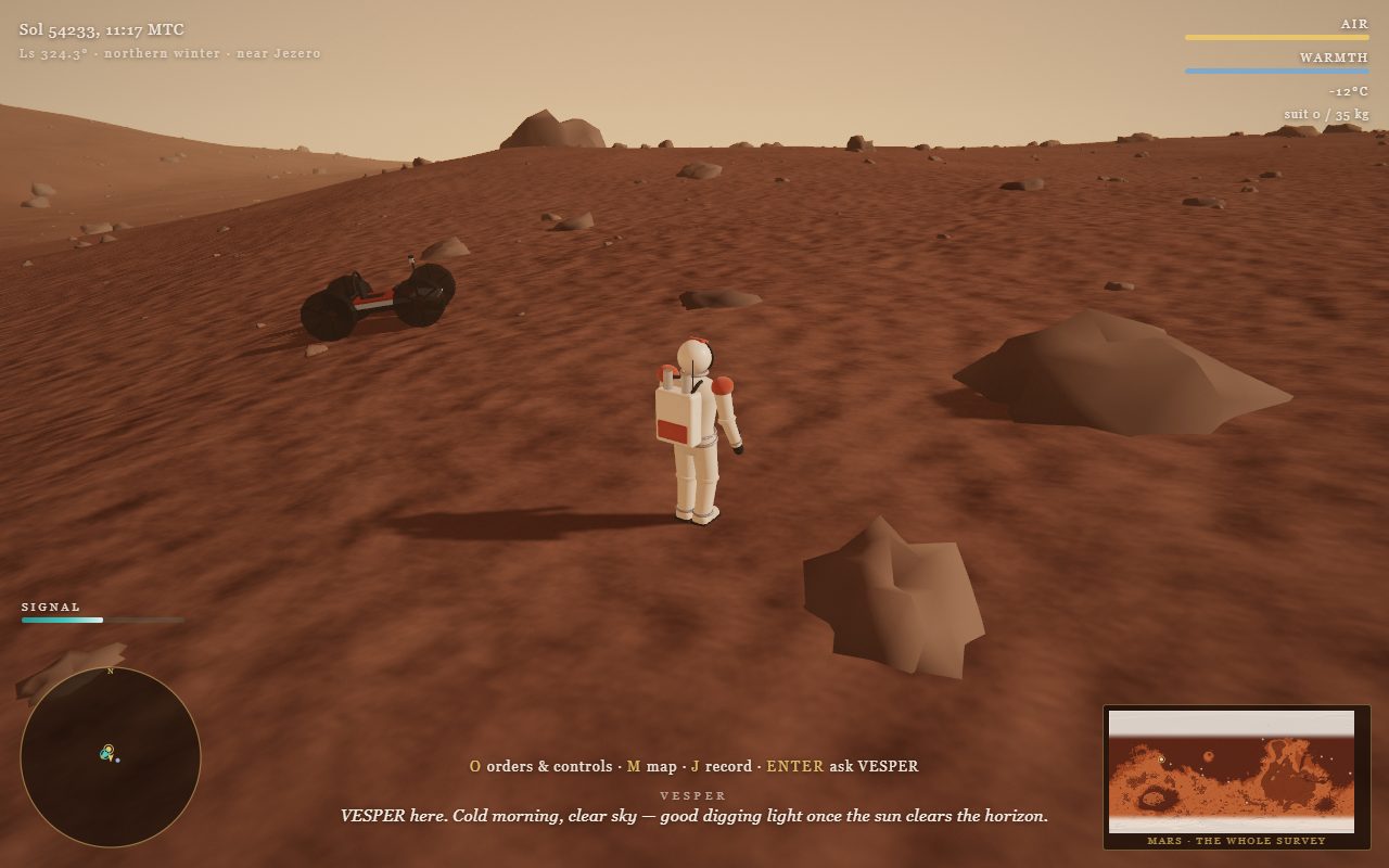 A settler and rover on the red terrain of Marsstead