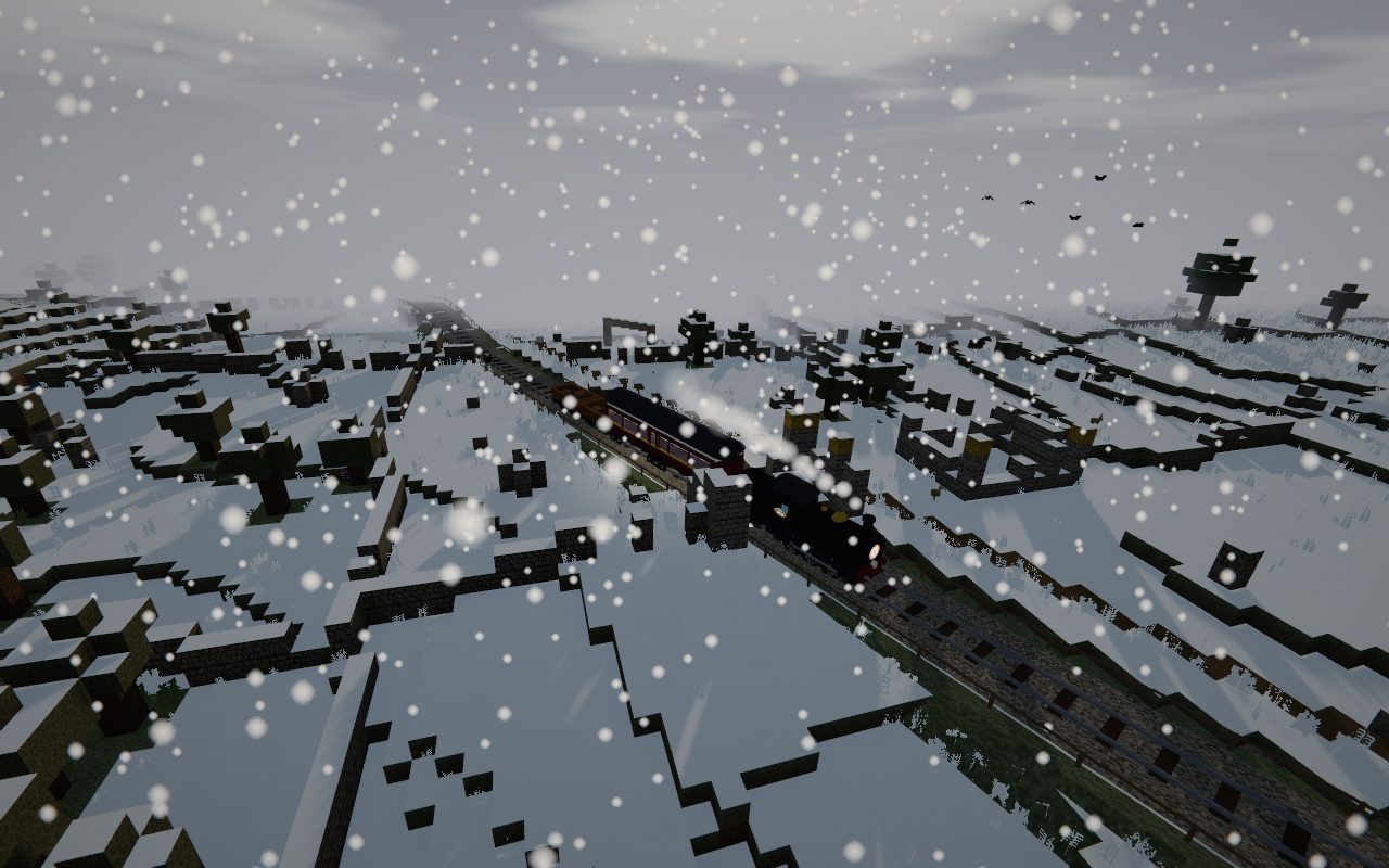 A steam train crossing a snow-covered village in Moorstead